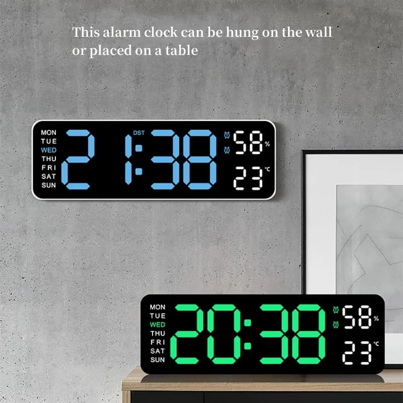 Grande horloge murale numérique de 9 pouces, alimentée par USB, température et humidité, variateur automatique, horloge de Table DST, réveil électronique LED 12/24H — 5/10