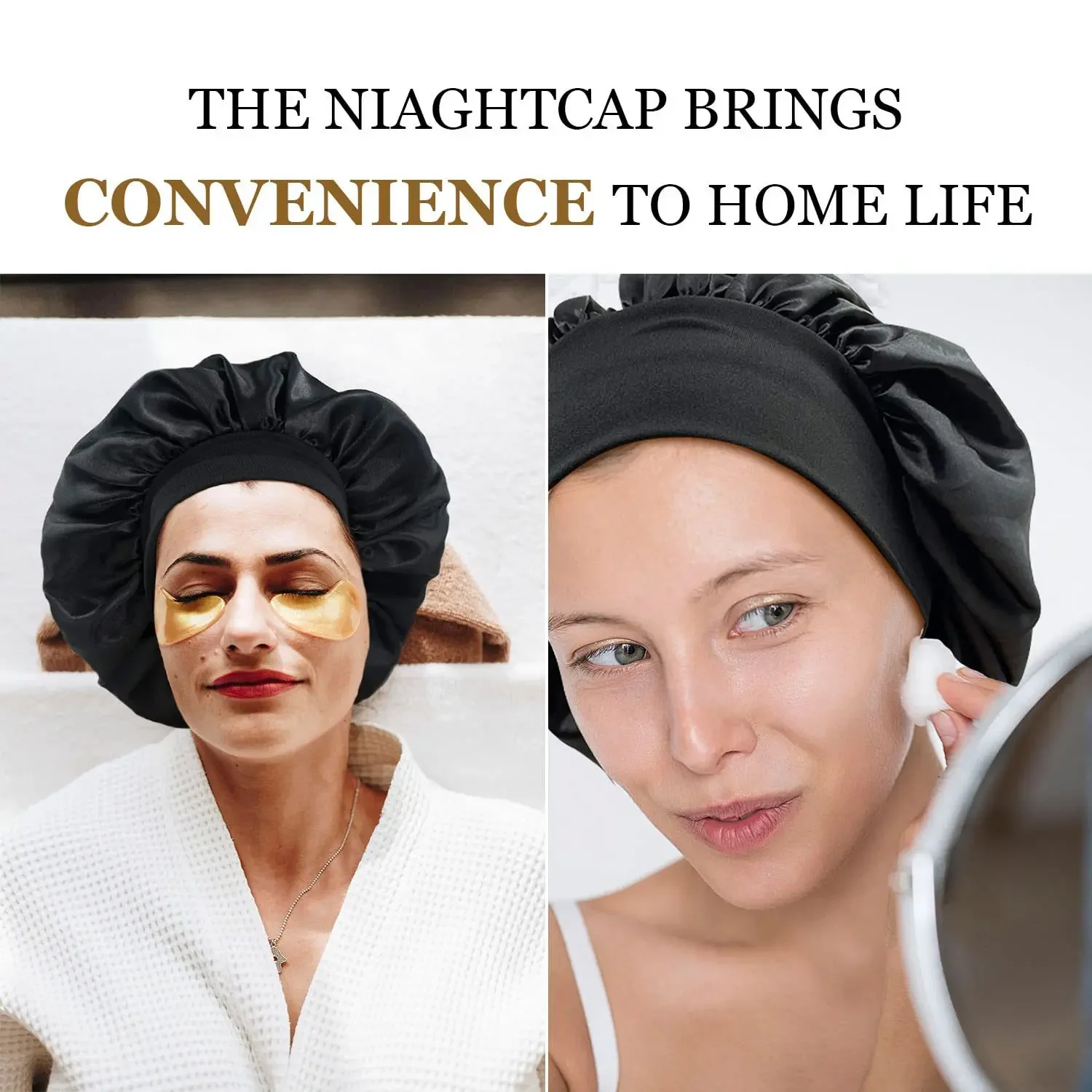 Bonnet en Satin pour femmes, pour dormir, soins capillaires, Bonnets en soie, solide, à larges bords, avec bande élastique souple — 5/10
