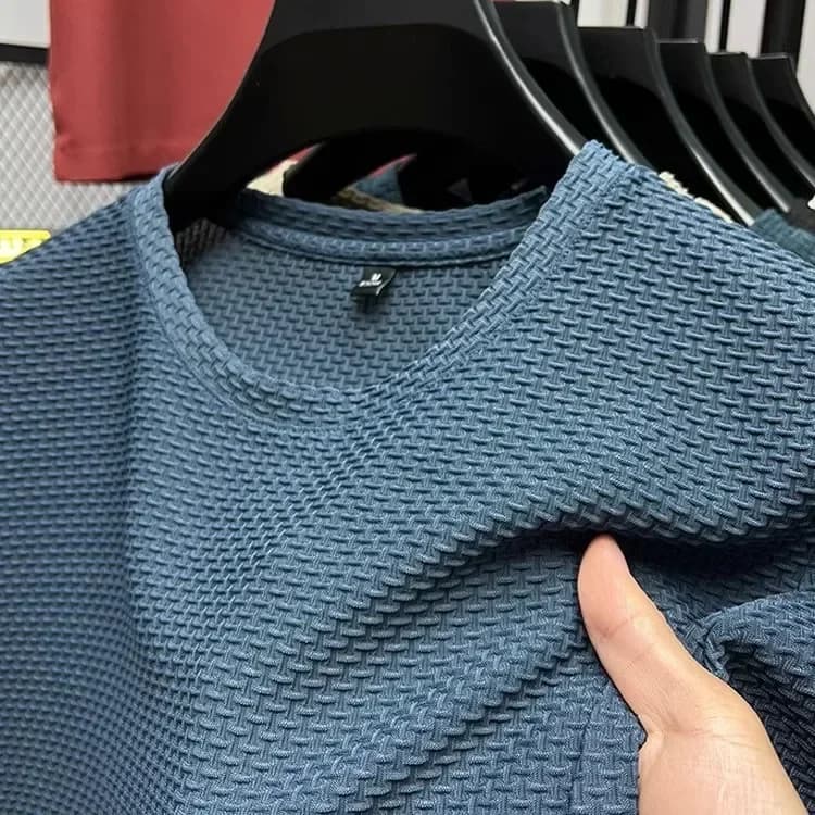 T-shirt à manches courtes en maille de bambou pour hommes, en soie glacée, décontracté, polyvalent, élastique, amincissant, été — 9/10
