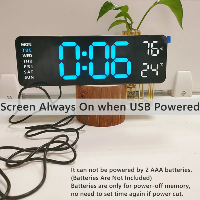 Grande horloge murale numérique de 9 pouces, alimentée par USB, température et humidité, variateur automatique, horloge de Table DST, réveil électronique LED 12/24H — 3/10
