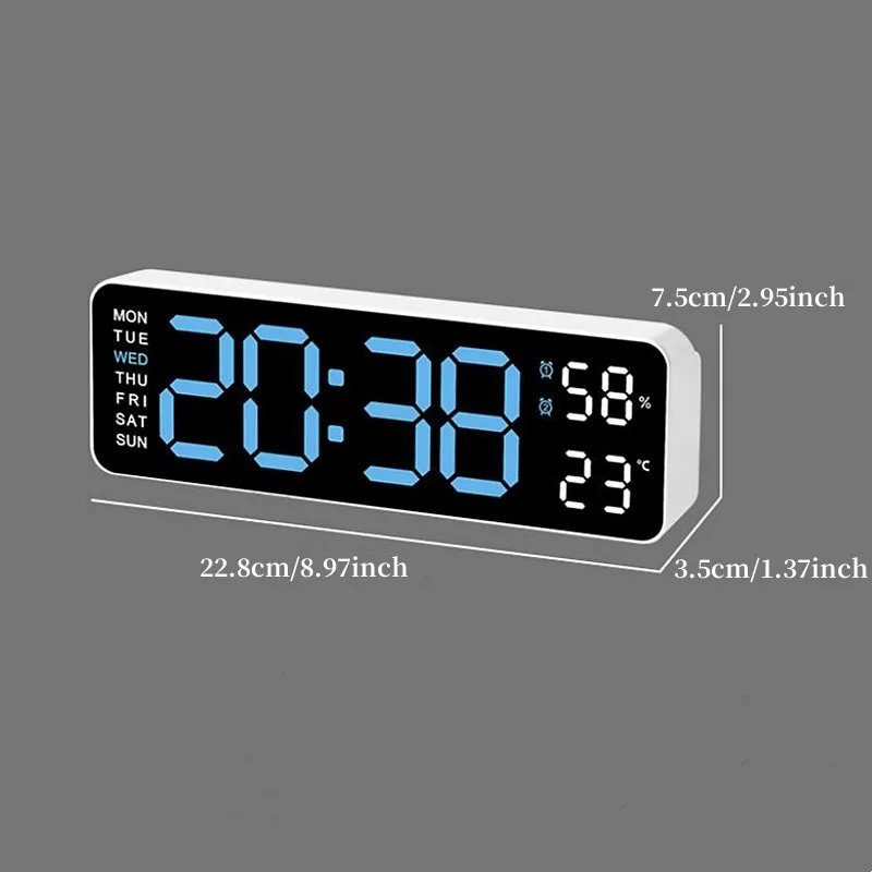 Grande horloge murale numérique de 9 pouces, alimentée par USB, température et humidité, variateur automatique, horloge de Table DST, réveil électronique LED 12/24H — 2/10
