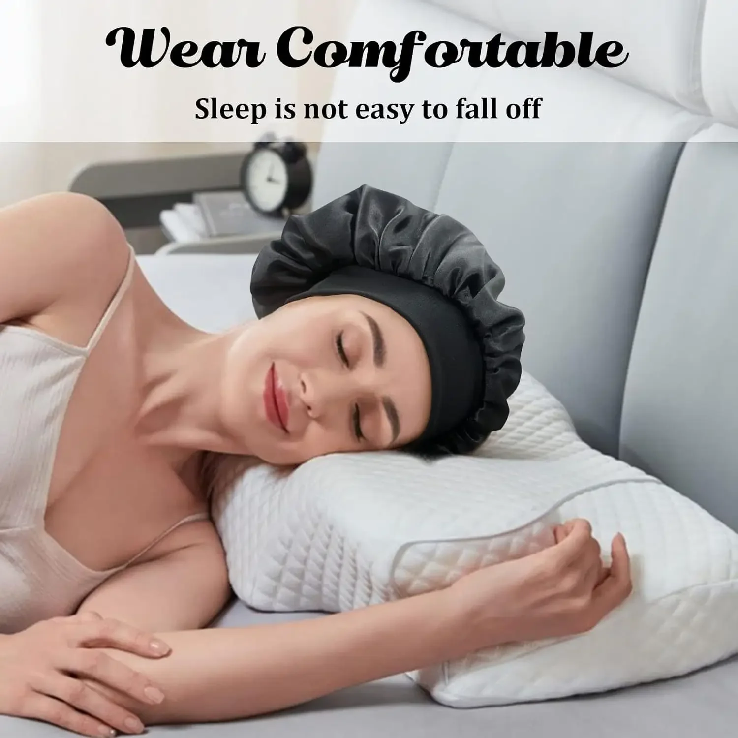 Bonnet en Satin pour femmes, pour dormir, soins capillaires, Bonnets en soie, solide, à larges bords, avec bande élastique souple — 4/10